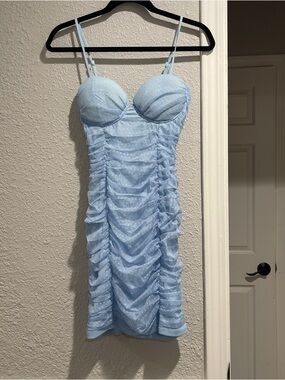 Windsor Light Blue Ruched Bodycon Dress Mesh Polka Dot Bustier Mini M